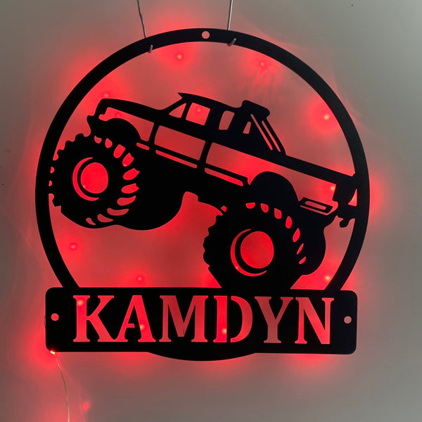 Personalized Monster Truck Metal Wall Art With Led Light, Custom Monster Truck Metal Name Sign, Truck Car Kid Rooms Metal Wall Led Decor