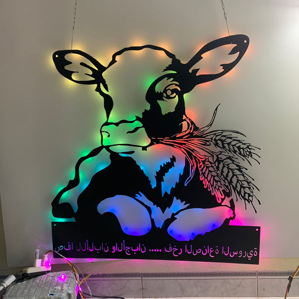 Custom Dairy Cow Farmhouse Metal Wall Art With Led Light, Personalized Dairy Cow Metal Name Sign, Cow With Barley Metal Sign, Calf Metal Wall Sign