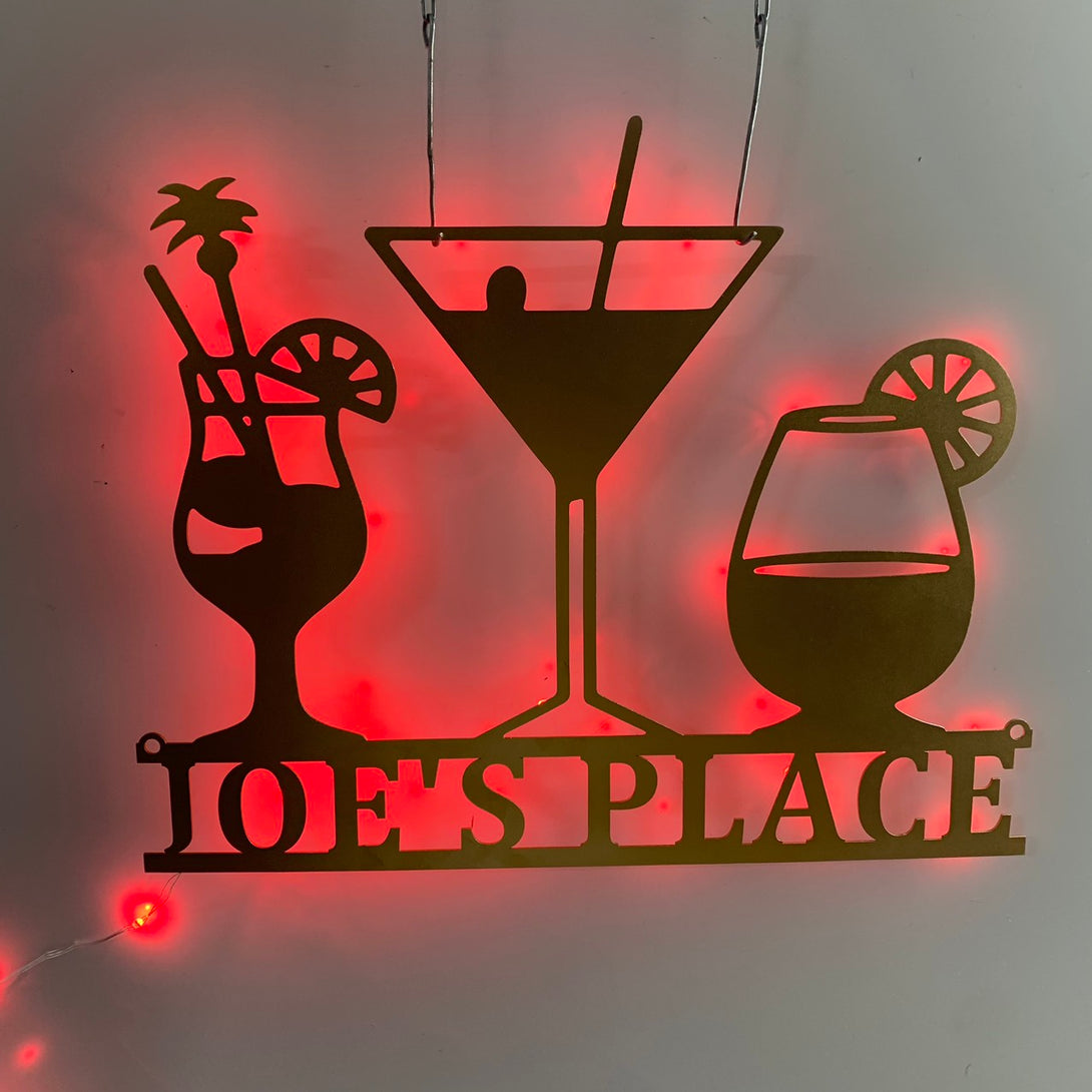 Custom Metal Cocktail Bar Sign With Led Lights, Personalized Bar Theme Cocktail Metal Name Sign, Custom Bar Sign Metal Wall Art Decor