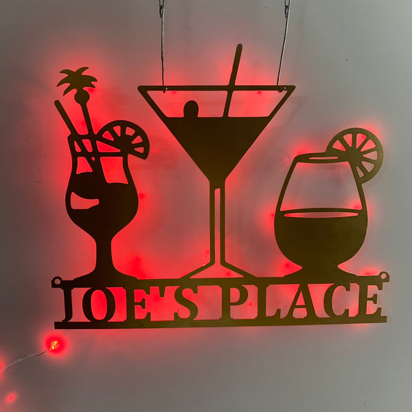 Custom Metal Cocktail Bar Sign With Led Lights, Personalized Bar Theme Cocktail Metal Name Sign, Custom Bar Sign Metal Wall Art Decor