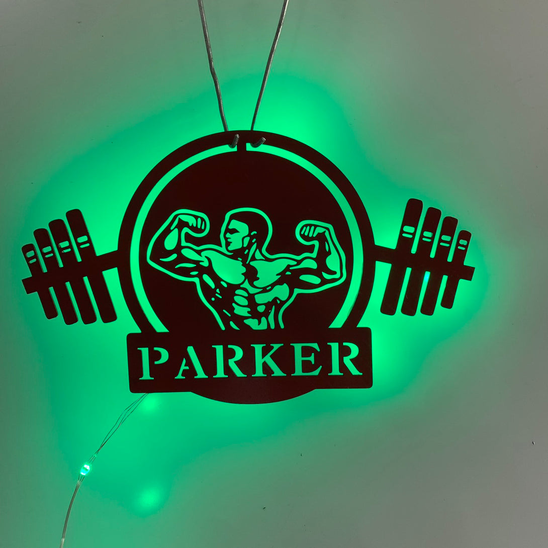 Custom Man Powerlifting Workout Metal Sign Led Light, Personalized Weightlifting Metal Name Sign, Bodybuilder Gym Fitness Metal Wall Sign