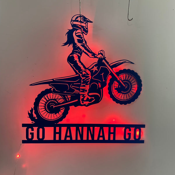 Custom Dirt Bike Metal Wall Art With Led Light, Personalized Motorcycle Biker Metal Name Sign, Motocross Rider Metal Wall Led Decor