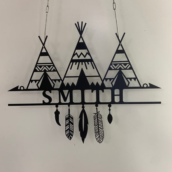 Custom Tent Native American Indian Teepee Metal Wall Art, Personalized Indian Warrior Metal Name Sign, Native American Indian Tribe Tents Metal Decor