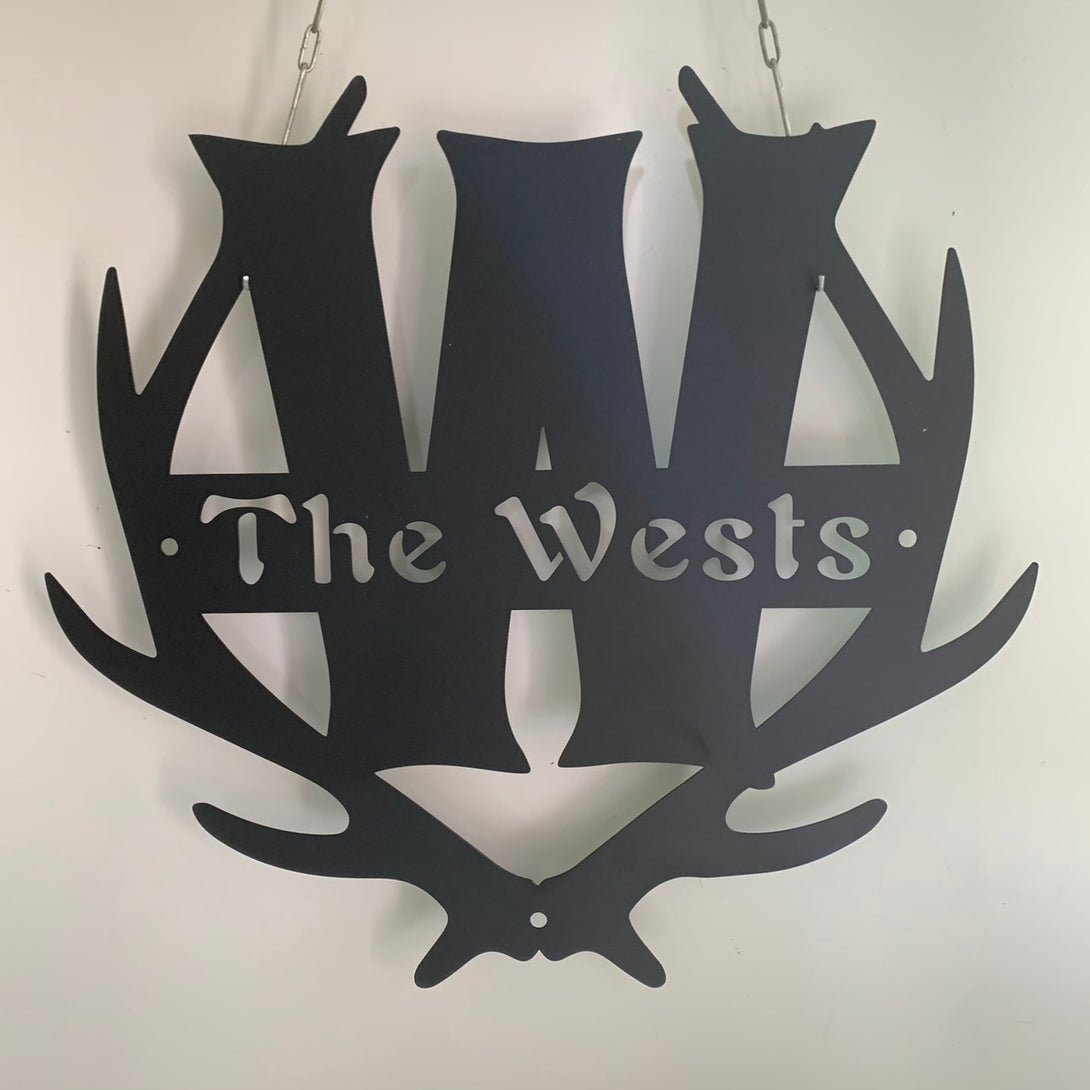 Custom Deer Antler Metal Wall Art, Personalized Antler Famliy Name Split Monogram Metal Sign, Metal Antler Last Name Man Cave Wall Sign Decor