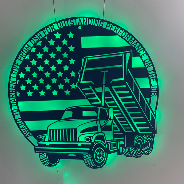 Custom Us Dump Truck Metal Wall Art With Led Lights, Personalized Dump Trucker Metal Name Sign, Dump Truck Metal Wall Led Decor