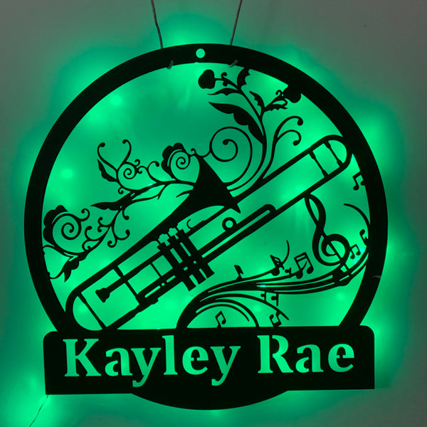 Custom Trombone Musical Instrument Metal Wall Art Led Light, Personalized Trombone Player Metal Name Sign, Music Room Metal Led Sign Decor