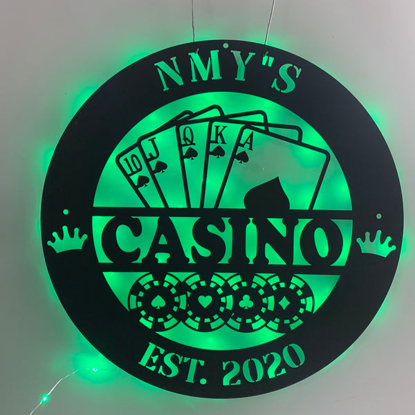 Custom Casino Dice Poker Metal Wall Art Led Light, Personalized Game Zone Metal Name Sign, Playing Cards Chips Gambling Metal Wall Sign