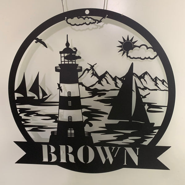 Personalized Lighthouse Metal Wall Art, Custom Lighthouse Family Name Metal Sign, Nautical Beach House Numbers Metal Address Plaque