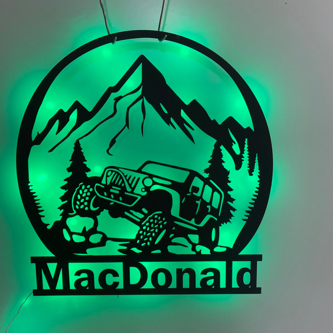 Custom Car Off Road Metal Wall Art Led Light, Personalized Car Off Road Metal Name Sign, Mountain Scene Muscle Car Garage Workshop Metal Sign