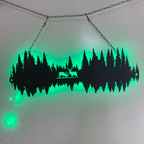 Forest Treeline Metal Sign With Led Light, Pinetree Landscape With Deers Metal Wall Art, Nature Forest Metal Sign, Hiking Campsite Metal Led Decor
