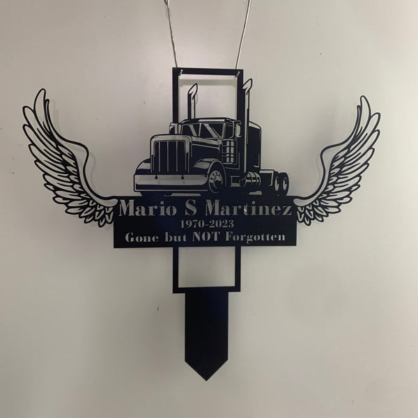 Custom Trucker Memorial Metal Grave Marker, Semi Truck Driver Cross With Wings Metal Garden Stake, Personalized Semi Truck Memorial Metal Stakes
