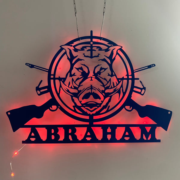 Custom Wild Boar Hunting Metal Wall Art Led Light, Personalized Hunter Metal Name Sign, Wild Animal Hunting Boar Man Cave Led Sign Decor