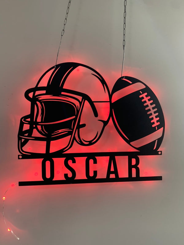 Custom American Football Metal Wall Art Led Lights, Football Helmet And Ball Led Metal Sign, American Football Metal Wall Room Decor With Name