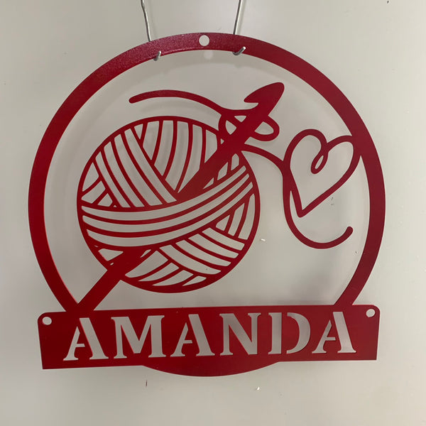 Custom Ball Yarn Metal Wall Art, Personalized Crochet Knitting Metal Name Sign, Crochet Knit Hook Metal Wall Decor, Metal Crafts Knitting Room Sign