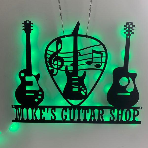 Custom Guitar Musical Instrument Metal Wall Art Led Lights, Personalized Guitar Shop Metal Name Sign, Guitar Music Studio Metal Wall Sign