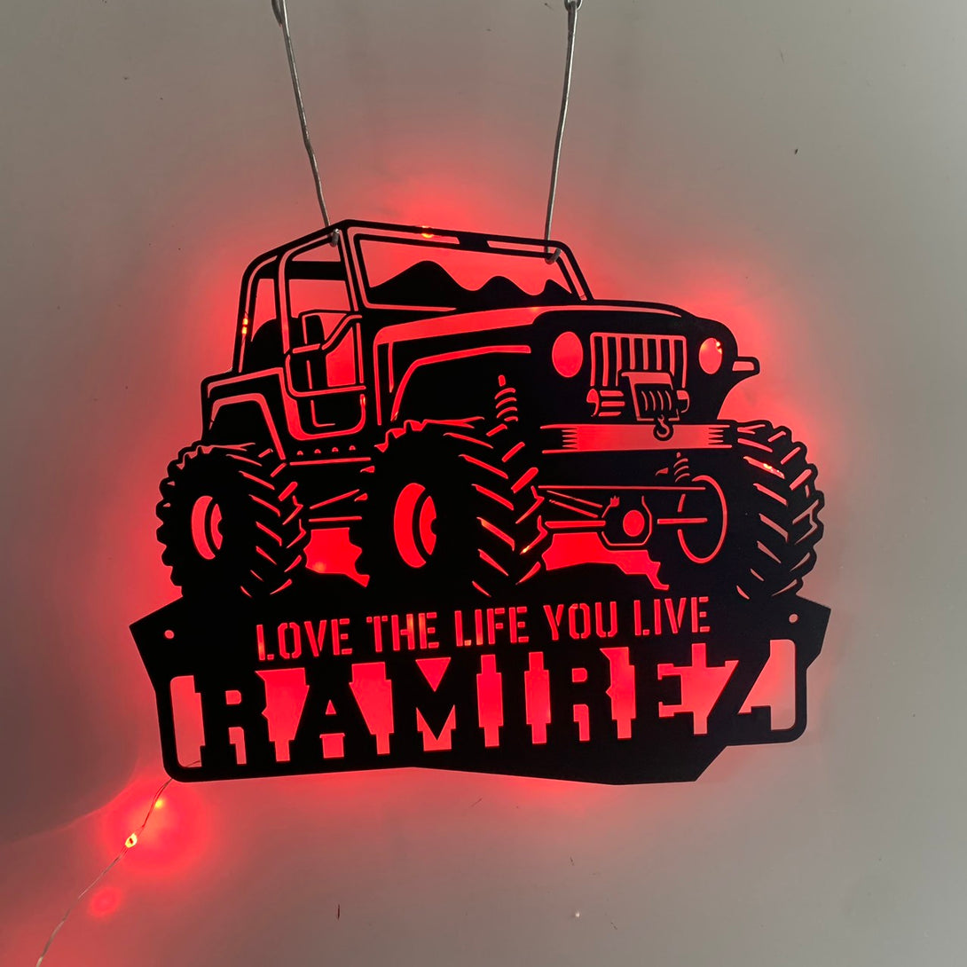 Custom Jeep Car Off Road Metal Wall Art Led Light, Personalized Car Off Road Metal Name Sign, Jeep Car Garage Workshop Metal Sign