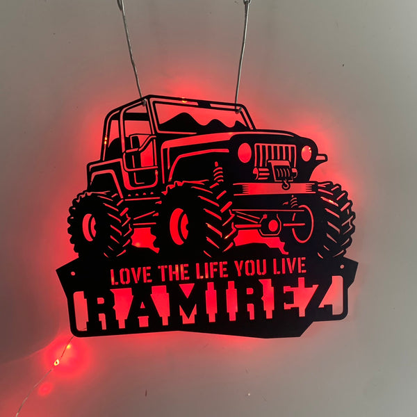 Custom Jeep Car Off Road Metal Wall Art Led Light, Personalized Car Off Road Metal Name Sign, Jeep Car Garage Workshop Metal Sign