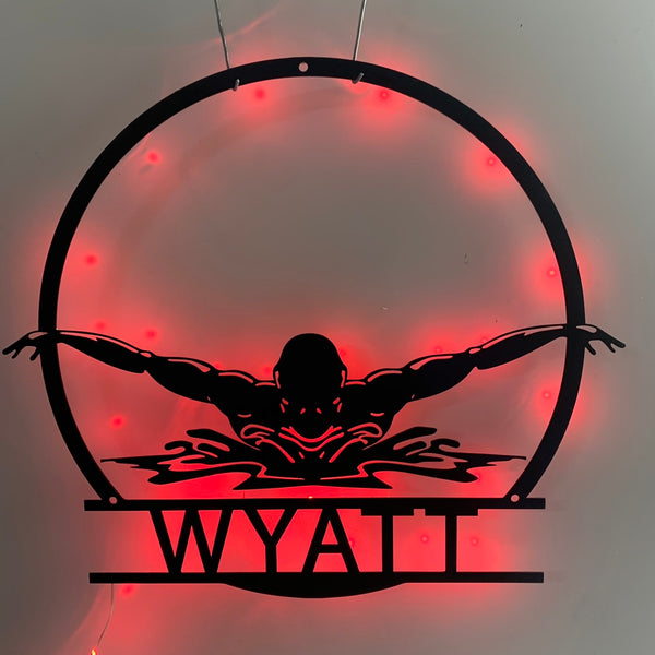 Custom Swimming Metal Wall Art With Led Light, Personalized Swimmer Metal Name Sign, Swimming Coach Swimming Pool Metal Wall Led Decor