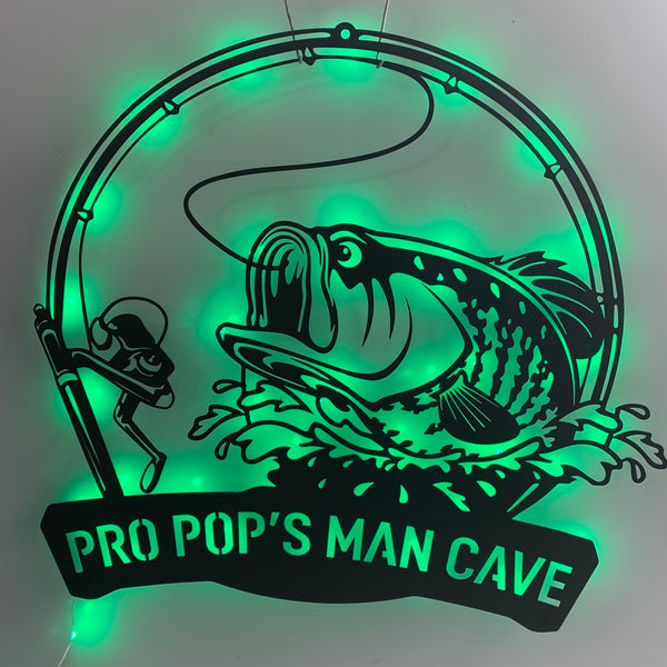 Custom Bass Fishing Pole Metal Wall Art Led Lights, Personalized Fisherman Metal Name Sign, Large Mouth Bass Fish Lakehouske Metal Led Sign
