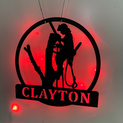 Personalized Tree Climbing Metal Wall Art Led Light, Custom Tree Climber Metal Name Sign, Logger Work Tree Service Metal Wall Hanging Decor