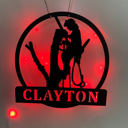 Personalized Tree Climbing Metal Wall Art Led Light, Custom Tree Climber Metal Name Sign, Logger Work Tree Service Metal Wall Hanging Decor