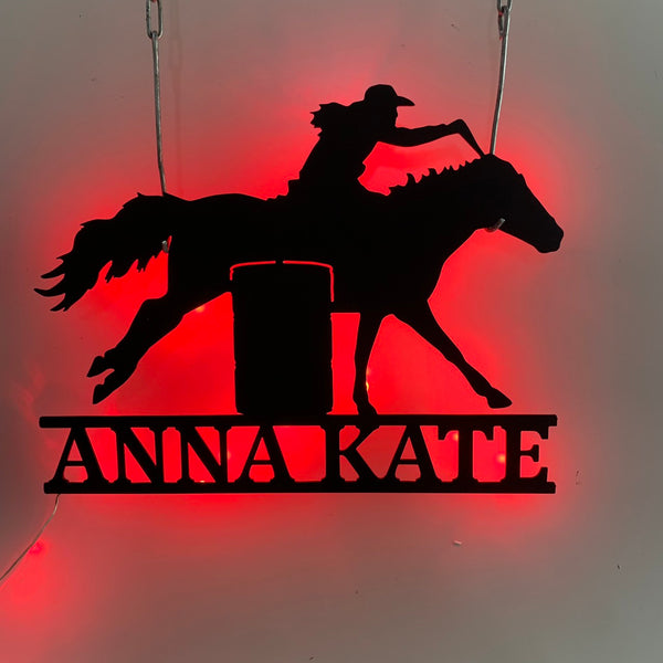 Personalized Barrel Racing Metal Wall Art Led Light, Custom Barrel Racing Galloping Horse Metal Sign, Barrel Racing Team Roping Metal Sign