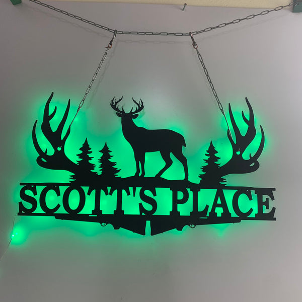 Custom Deer Antler Metal Wall Art With Led Light, Deer Hunter Metal Name Sign, Wildlife Hunting Man Cave Cabin Metal Led Sign