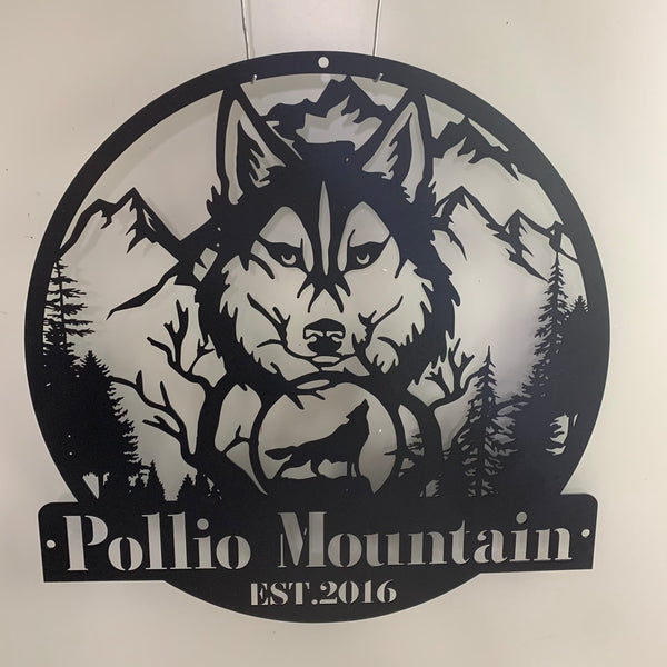 Custom Wild Wolf With Moon Metal Wall Art, Personalized Wolf Metal Name Sign Wall Hanging, Mountain Howling Wolf Monogram Metal Wall Sign Decor