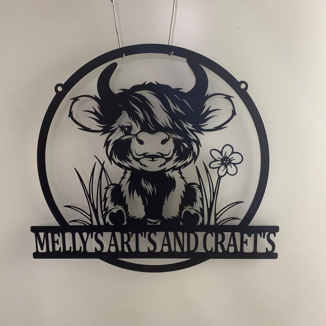 Custom Baby Highland Cow Farmhouse Metal Wall Art, Personalized Heifer Metal Farm Name Sign, Cattle Cow Barn Kid Room Metal Wall Sign
