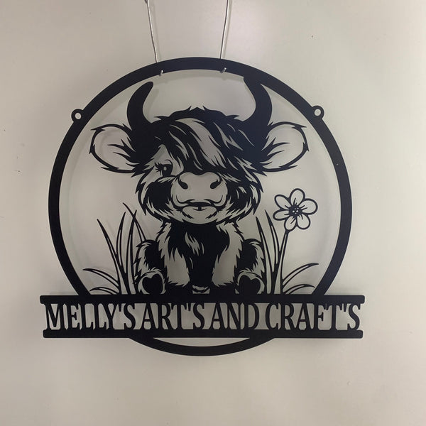 Custom Baby Highland Cow Farmhouse Metal Wall Art, Personalized Heifer Metal Farm Name Sign, Cattle Cow Barn Kid Room Metal Wall Sign