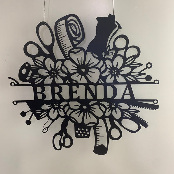 Personalized Sewing Craft Room Metal Name Sign, Metal Craft Tools Quilting Sign With Name, Floral Sewing Room Metal Wall Art