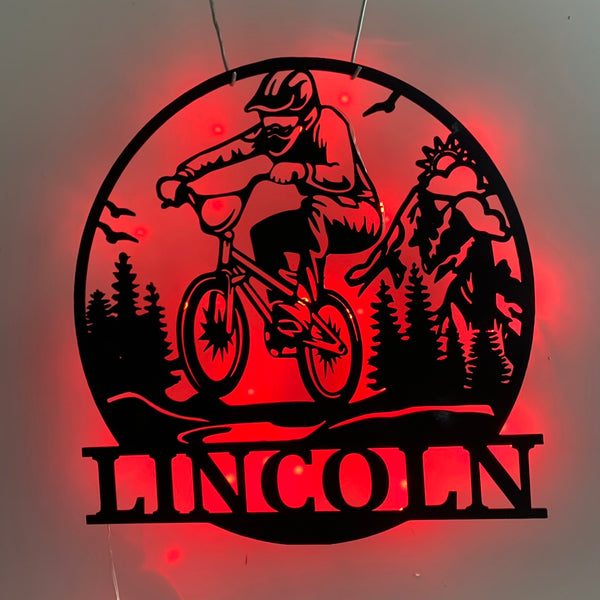 Personalized Mountain Biking Metal Wall Art Led Light, Mountain Tree And Cyclist Metal Name Sign, Custom Mountain Bikers Metal Wall Cabin Led Decor