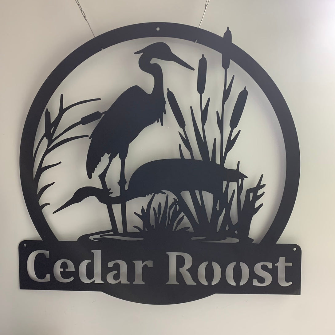 Personalized Herons Metal Name Sign, Custom Heron Cattail Pond View Metal Wall Art, Wildlife Bird Metal Farm Sign, Lake House Metal Sign