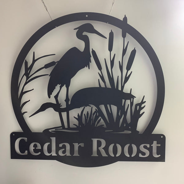 Personalized Herons Metal Name Sign, Custom Heron Cattail Pond View Metal Wall Art, Wildlife Bird Metal Farm Sign, Lake House Metal Sign