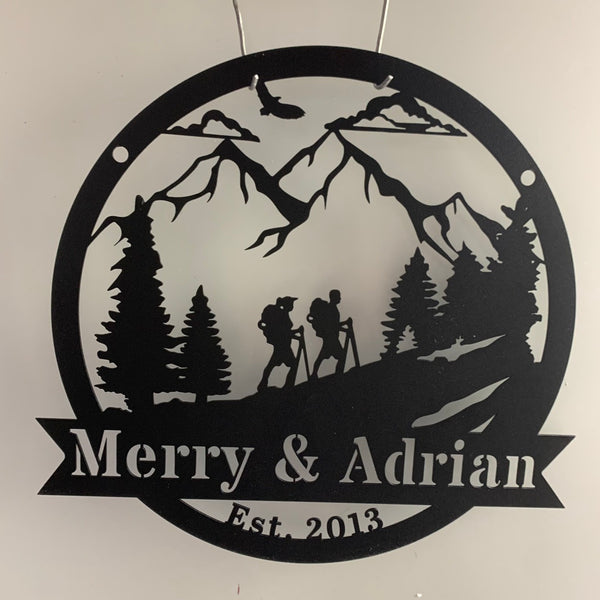 Personalized Mountain Hiking Metal Wall Art, Couple Hiking Great Outdoor Metal Sign, Hiking In Woods Metal Cabin Sign, Family Name Hiking Metal Sign