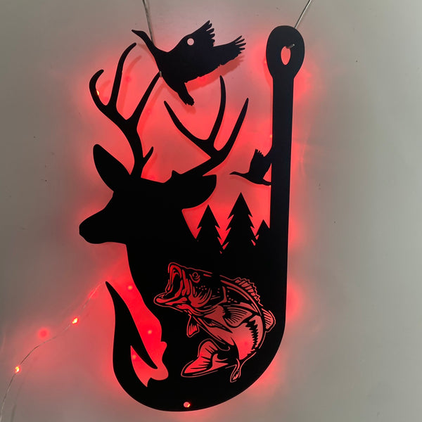 Deer Hunting Fishing Hook Metal Wall Art Led Light, Deer Hunting Man Cave Fishing Hook Metal Sign, Hunter Fisherman Gift Metal Led Sign