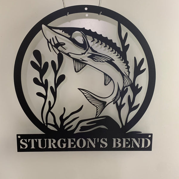 Custom Sturgeon Fish Metalwall Art, Personalized Fishing Metal Name Sign, Sturgeon Fishing Monogram Metal Wall Sign, Fishing Man Cave Metal Sign
