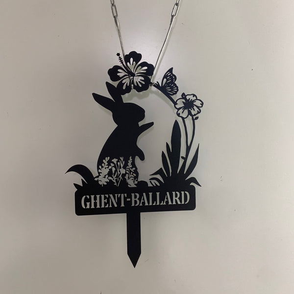 Custom Easter Bunny Metal Garden Stake, Metal Rabbit Yard Art With Stake, Bunny With Flowers Garden Stake, Personalized Rabbit Metal Garden Sign