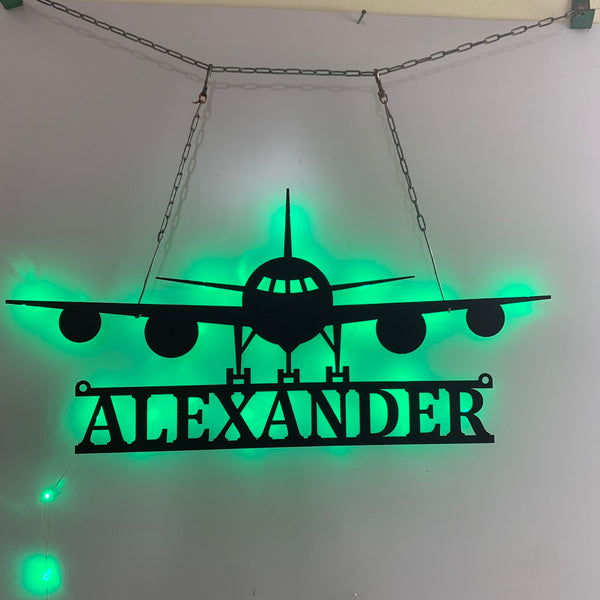 Custom Aircraft Hangar Metal Wall Art Led Light, Personalized Pilot Name Metal Sign, Airplane Metal Sign, Aviation Metal Hangar Wall Led Sign