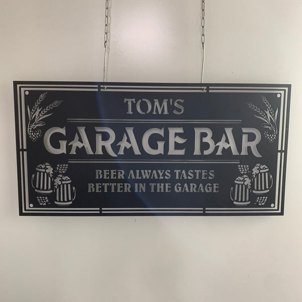 Custom Garage Bar Metal Wall Art, Personalized Workshop Man Cave Garage Pub Metal Name Sign, Beer In The Garage Metal Wall Sign Decor