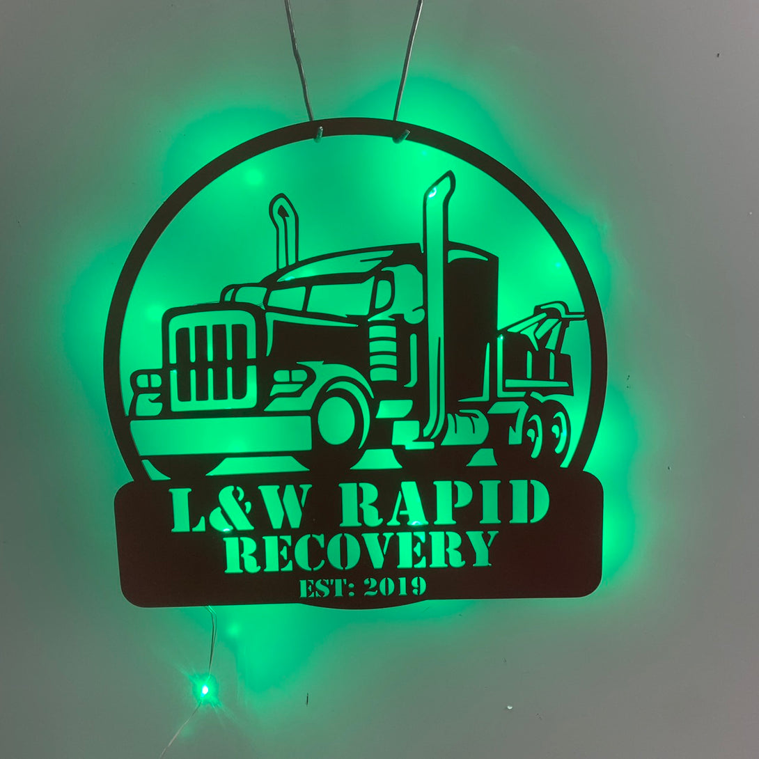 Custom Semi-truck Towing Metal Wall Art Led Light, Personalized Trucker Metal Name Sign, Semi Truck Driver Retirement Metal Wall Led Sign