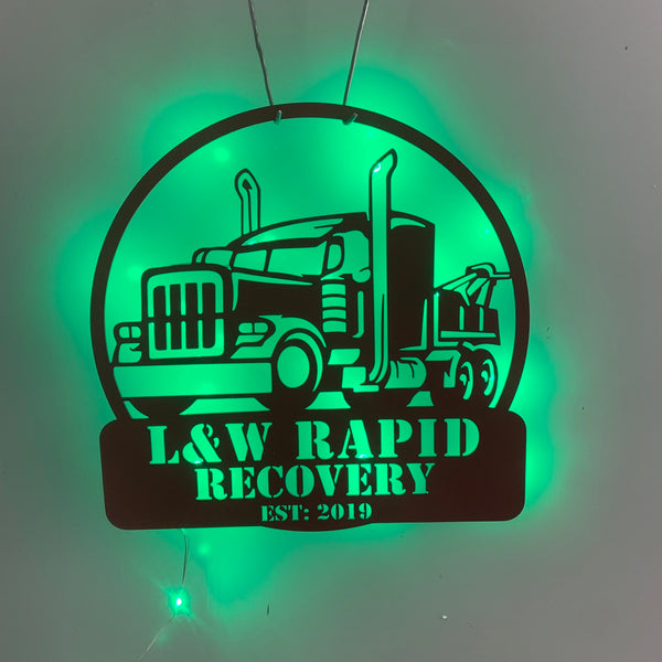 Custom Semi-truck Towing Metal Wall Art Led Light, Personalized Trucker Metal Name Sign, Semi Truck Driver Retirement Metal Wall Led Sign