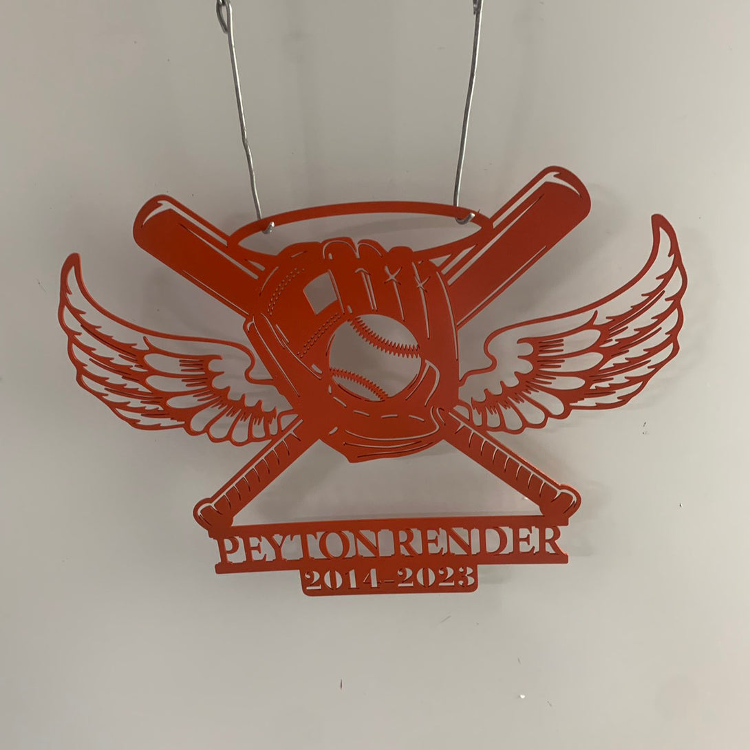 Custom Baseball Bat & Gloves With Wings Metal Wall Art, Personalized Baseball Player Metal Name Sign, Memorial Softball Player Metal Wall Sign