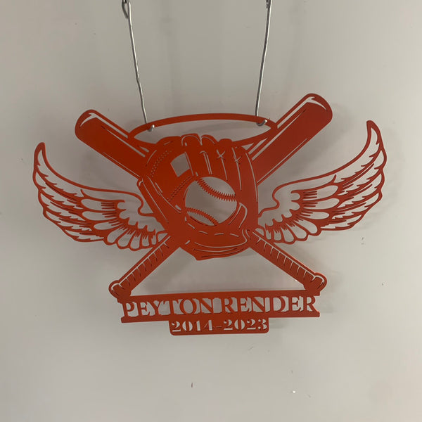 Custom Baseball Bat & Gloves With Wings Metal Wall Art, Personalized Baseball Player Metal Name Sign, Memorial Softball Player Metal Wall Sign