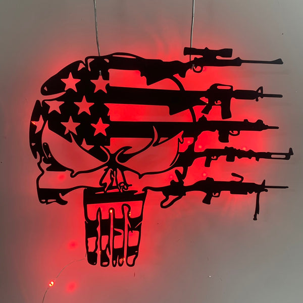 Skull Gun American Flag Metal Wall Art Led Lights, Armory Metal Wall Sign, Gun Lover Veteran Military Sign, 2nd Amendment Patriotic Metal Art