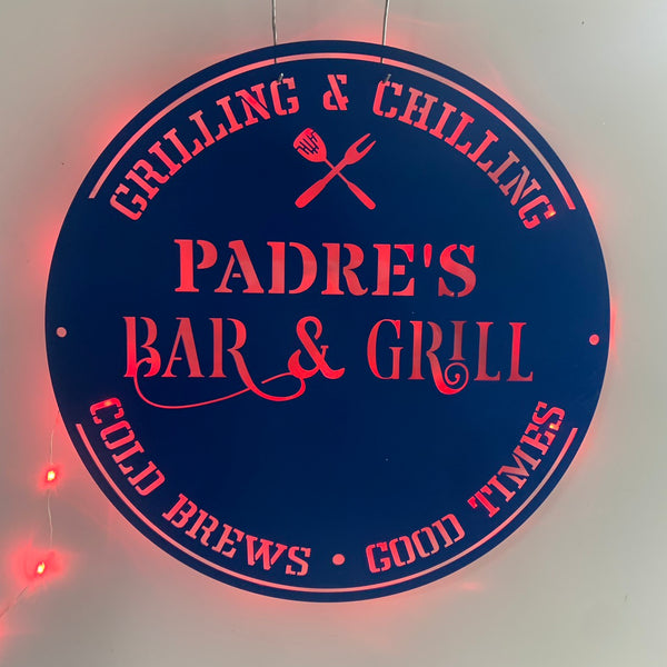 Personalized Bar & Grill Metal Wall Art With Led Lights, Custoom Patio Backyard Metal Name Sign, Bar & Bbq Grill Poolside Metal Led Sign