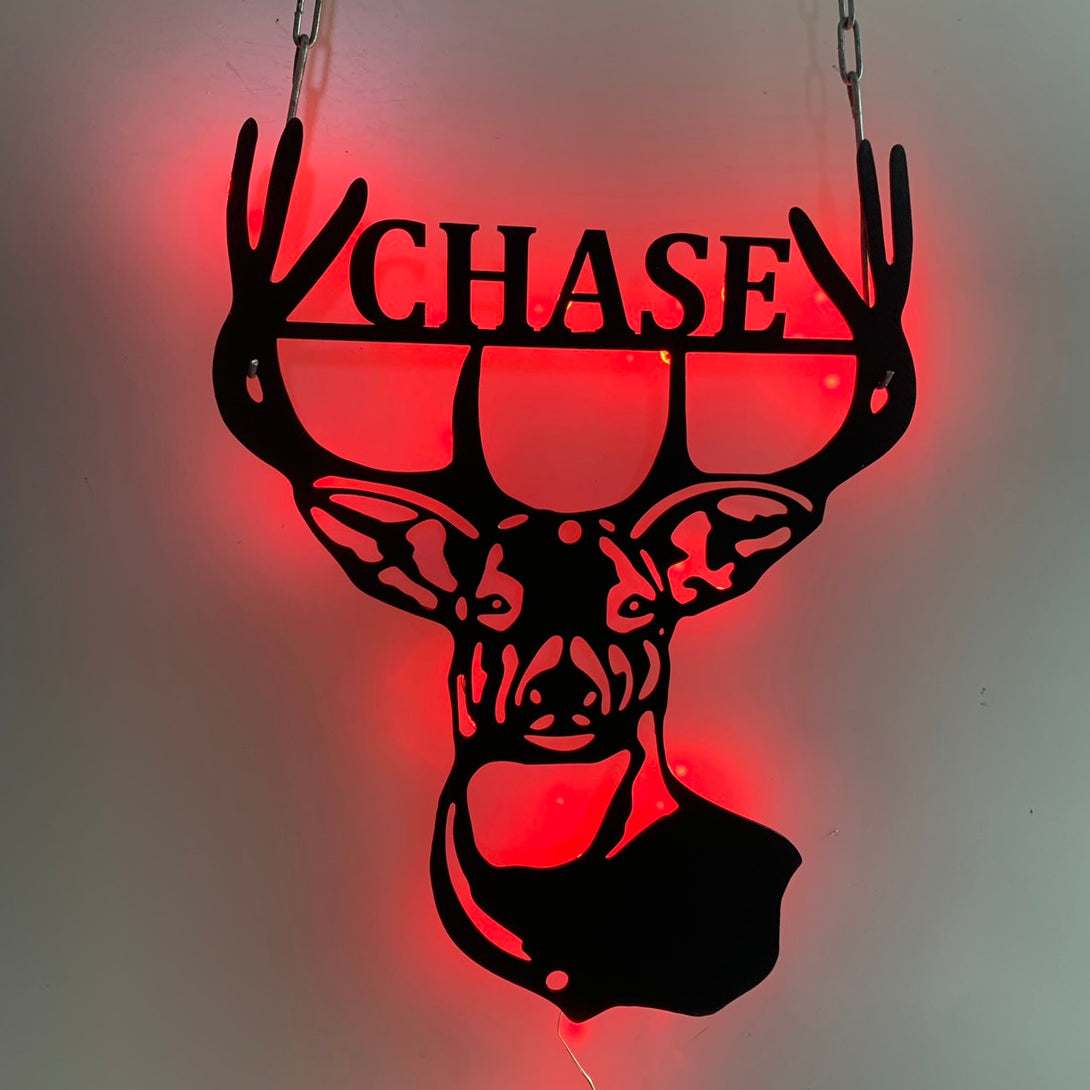 Custom Name Deer Head Metal Sign Led Lights, Personalized Deer Hunter Metal Wall Art, Deer Hunting Man Cave Cabin Metal Wall Hanging