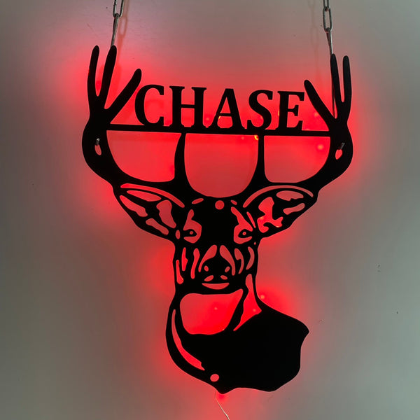 Custom Name Deer Head Metal Sign Led Lights, Personalized Deer Hunter Metal Wall Art, Deer Hunting Man Cave Cabin Metal Wall Hanging