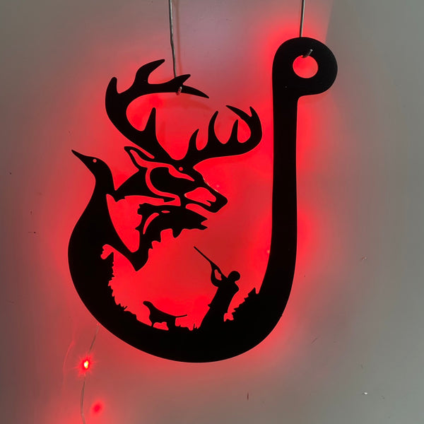 Deer Hunting Fishing Hook Metal Wall Art Led Light, Duck Hunting Fishing Hook Metal Sign, Fisher Hunter Man Cave Metal Led Sign