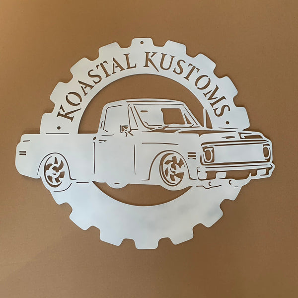 Customized Classic Truck Garage Metal Wall Art, Personalized Truck Cabin Address Metal Sign, Classic Truck House Number Metal Wall Hanging